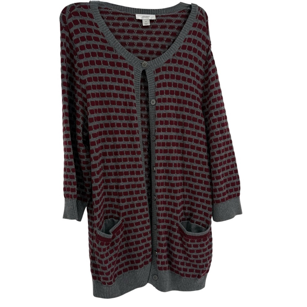 CJ Banks Size 2X Cardigan Sweater gray Maroon Button Up Pockets cotton Midweight